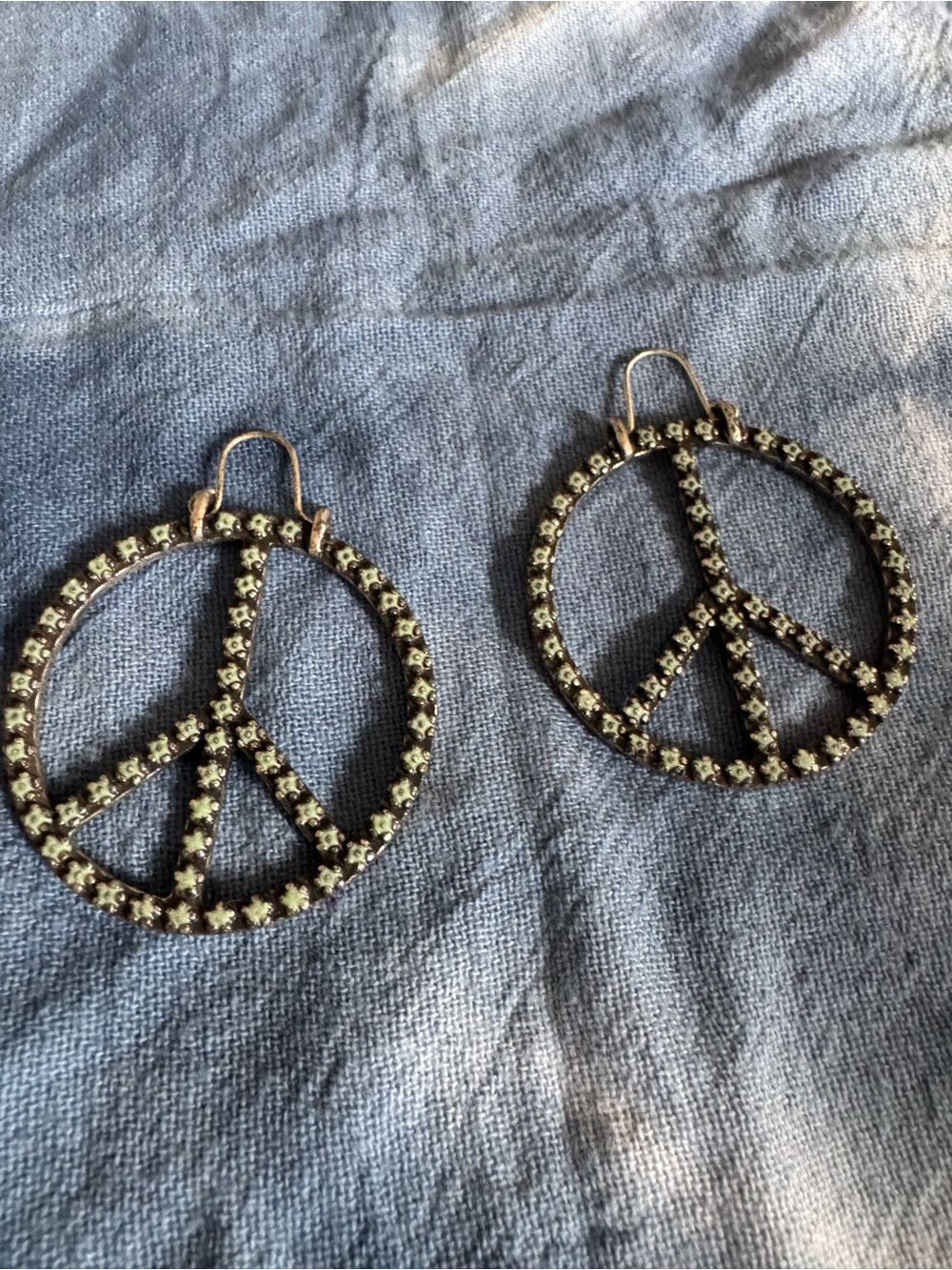 Peace Sign Drop Earrings with Pale Green Stones